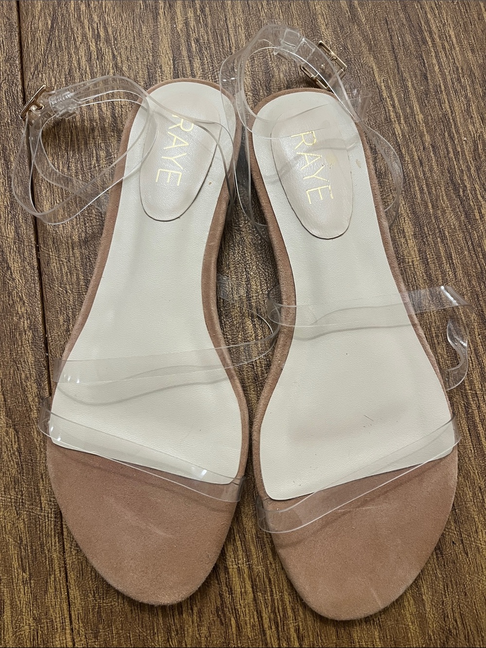 RAYE Clear-Strap Sandals with Taupe Suede Footbed